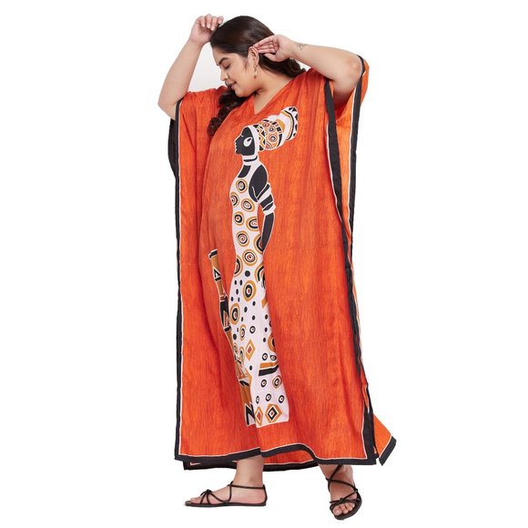 Women Plus Size Polyester Maxi Tribal Printed Orange Kaftan Dress by Gypsie Blu - Picture 6 of 9